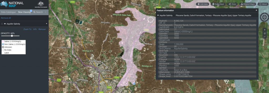 Aquifer salinity: An example of one of the many datasets used to inform users through National Map in Australia